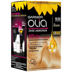 Garnier Olia Vopsea de păr permanentă fără amoniac, Vopsea de păr hrănitoare pentru acoperire 100% a părului gri, The Golds, 10.32 Platinum Gold (Blond), 3 bucăți Vopsea pentru par Naty Shop
