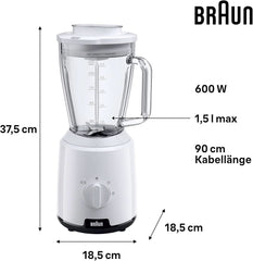 Braun Powerblend 1 JB1050WH - Standmixer Mit 1.5 L Glas-Mixaufsatz, Küchenhelfer Zum Zerkleinern, Pürieren & Mixen, Ice-Crush-Funktion, 2 Geschwindigkeiten, 600 Watt, Weiß Kitchen Naty Shop