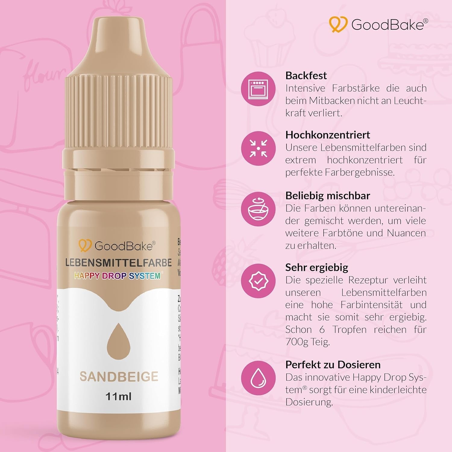Colorant alimentar Goodbake Pastel Sand Beige (11 ml) – Colorant alimentar cu doză mare – Pentru colorarea prăjiturilor, fondantului, cremei de unt, macarons-urilor, băuturilor, slime-ului și multor altor obiecte. 100% vegan