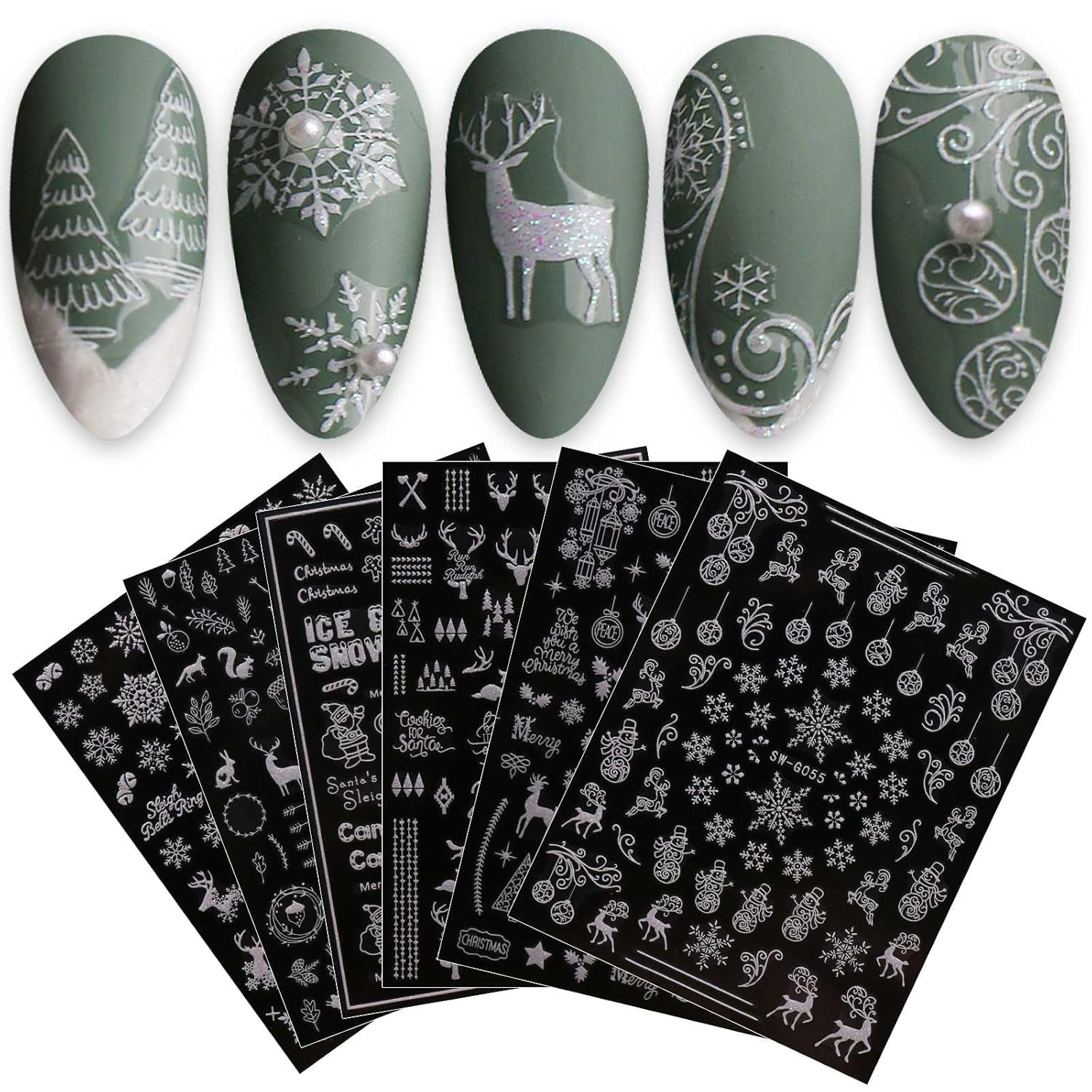 JMEOWIO Nagelsticker Weihnachten 9 Blatt Nail Art Sticker Selbstklebend Nagelaufkleber Schneeflocke Schneemann Festival Weißes Gold Dekoration Nageldesign Zubehör