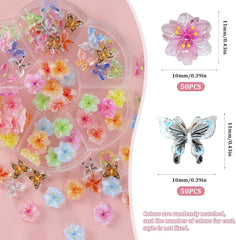 YICH Nail Charms Nägel Charms 50Pcs 3D Flowers + 50Pcs 3D Schmetterling, Summer Nägel Deko Set Schmetterling/Flowers Nail Art Nailart