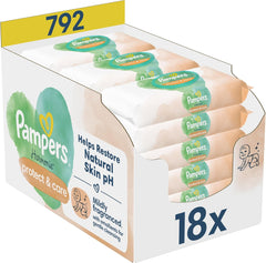 Pampers Harmonie Protect & Care wet wipes, 18 packs of 44 wipes each = 792 wipes that help restore the skin's natural pH balance