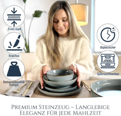 Steingut Geschirrset 6 Personen Rustic 24 tlg. TESTSIEGER, Hochwertiges Landhaussttil Steingut Geschirr Set, Schüssel- und Teller Set, Tafelservice 6 Personen, Geschirrsets Pure Living in Rauchblau