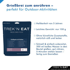 Trek'n Eat Fruity Semolina Pudding - Creamy Fruity Semolina Dessert for Outdoor Activities, Hiking & Emergency Supplies | Ready-made semolina pudding with water, long shelf life, without additives