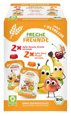 FRECHE FREUNDE Organic Mix in a Multipack Squeezable Bag - Fruits + Cereals, Fruit puree with cereals in a squeezable bag for babies from 6 months, vegan, pack of 3, 3 x (4 x 100g)