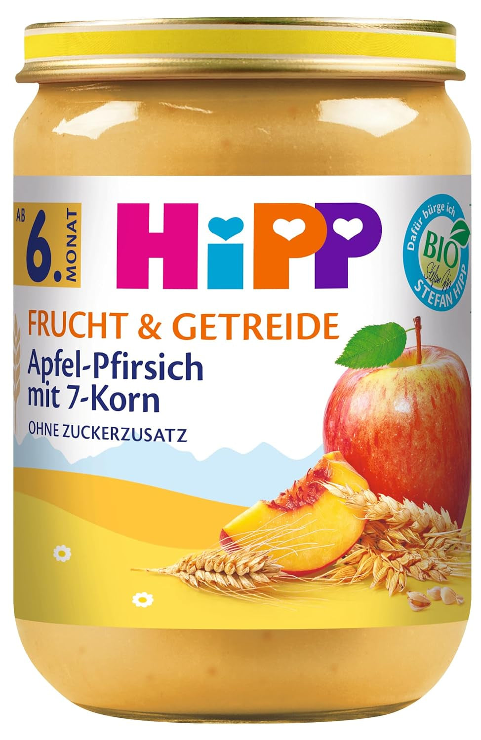 HiPP Organic Fruits and Cereals with Apple and Peach and 7 Cereals, pack of 6 (6 x 190g)