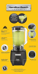 Hamilton Beach Commercial® 908®R Bar Blender, HBB908R-CE, 1 HP, 1.3 L Polycarbonate Container, 2 Speeds, 220-240V, Black Kitchen Naty Shop