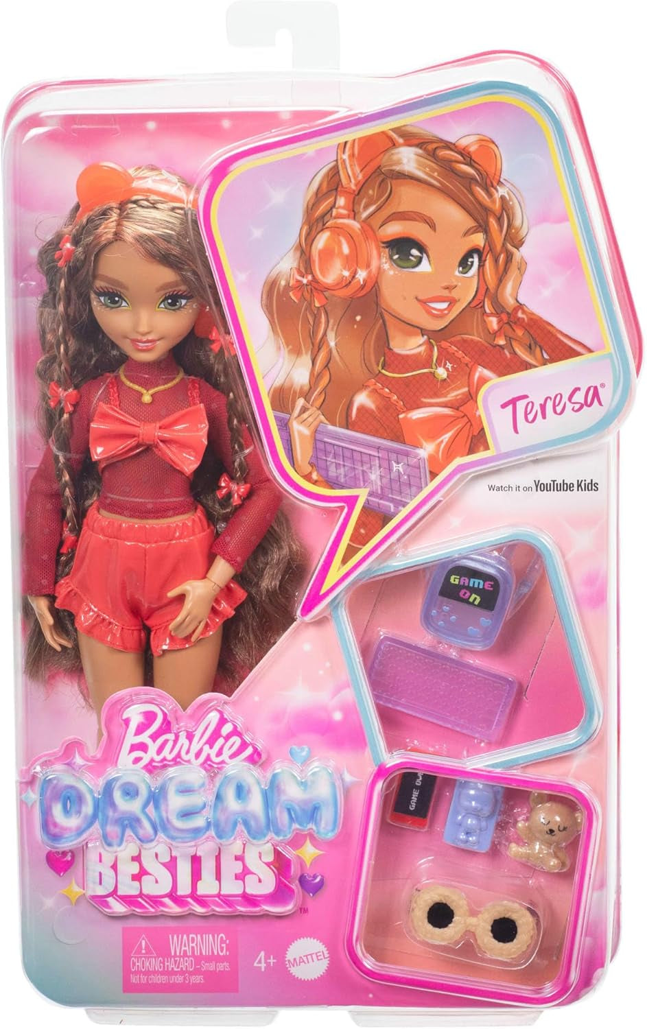 Păpușă Barbie Dream Besties și accesorii, păpușă de modă Teresa mobilă cu păr castaniu și agrafe de păr, 10 bucăți temă jocuri video, HYC23 Papusi Naty Shop
