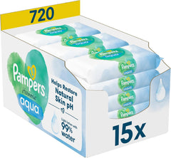 Pampers Harmony Aqua Wet Wipes, 15 Packs of 48 Wipes Each - 720 Wipes Total, Helping Restore Skin's Natural pH Balance, Light Lotion 99% Water