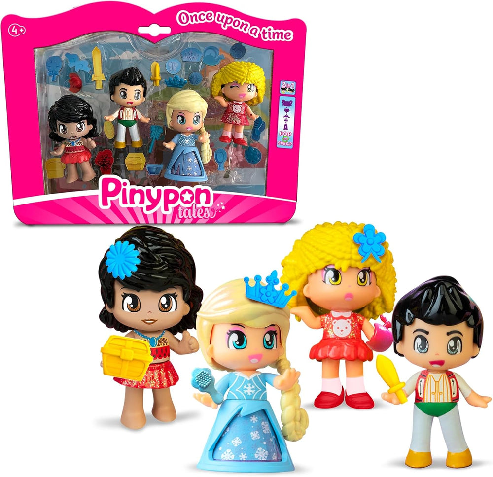 Pinypon – 4er-Pack Märchenfiguren, enhtät Goldlöckchen, Eisprinzessin, Prinz der Wunderlampe und Meerprinzessin, über 20 thematische Accessoires, Famosa (PNY87000)