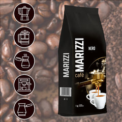 MARIZZI - Nero - 100% Arabika, Ganze Kaffeebohnen - 1kg, Frisch, Dunkel Geröstet, Nussiger Nachgeschmack, Ideal Für Gastronomie, Büro & Zuhause, Italienischer Kaffeegenuss, Aus Besten Ernte Amerikas