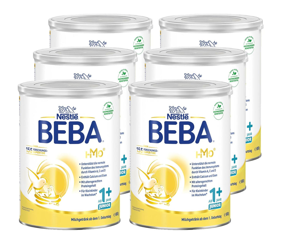 BEBA Junior 1+ milk drink from 1 year, With HMO, Age-appropriate protein content, Lactose only, No palm oil, No fish oil, Toddler food, Baby milk powder, Pack of 6 (6 x 800g)