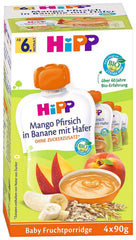 Hipp squeeze bags for babies, fruit porridge, peach mango in banana with oats, 100% organic fruit with no added sugar, 4 x 4 bags of 90 g Mother and Child Naty Shop 16 x 90 grams Fruit porridge mango peach in mashed banana with oats