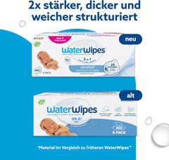 WaterWipes Sensitive+ Wet Wipes for Newborns and Babies, 360 Pieces (6 Pack), 3-in-1 Cleaning, Care, Protection, 99.9% Water, Fragrance Free
