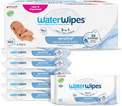 WaterWipes Sensitive+ Wet Wipes for Newborns and Babies, 360 Pieces (6 Pack), 3-in-1 Cleaning, Care, Protection, 99.9% Water, Fragrance Free
