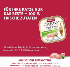 Hrană umedă pentru pisici Adult Pure & Mild cu pui și catnip (32 x 100 g), pentru pisici sensibile, fără cereale și fără zahăr, hrană umedă ușor digerabilă cu pui