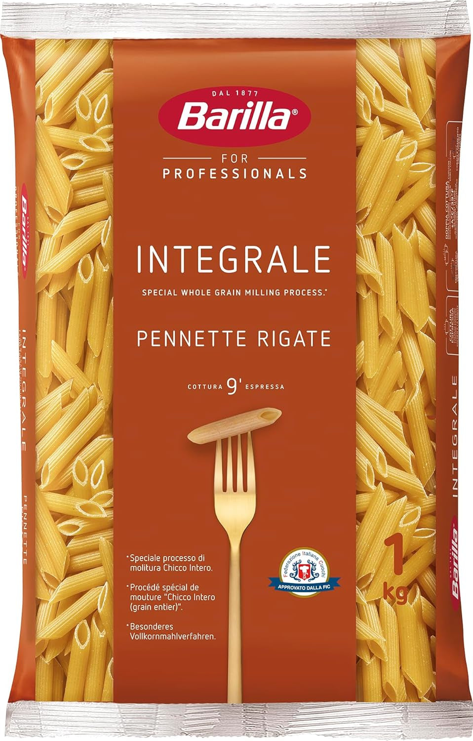 Barilla Pennette Rigate Wholemeal Pasta, pack of 9 (9 x 1 kg)