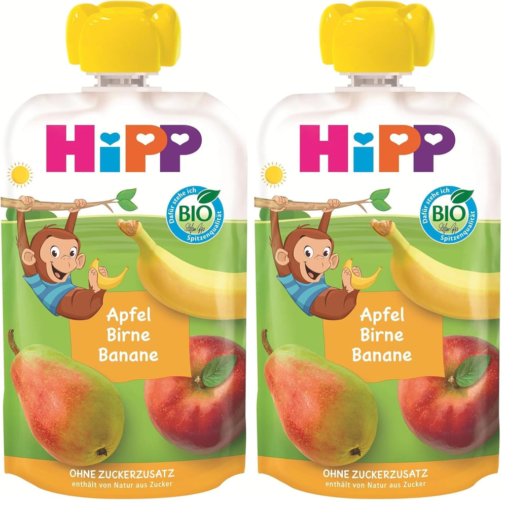 HiPP organic fruit pouches, squeezable, apple, pear, banana - Anton Maimuta (8 x 100g), from 1 year, 100% fruit puree, no added sugar, vegan, best organic quality (pack of 2)