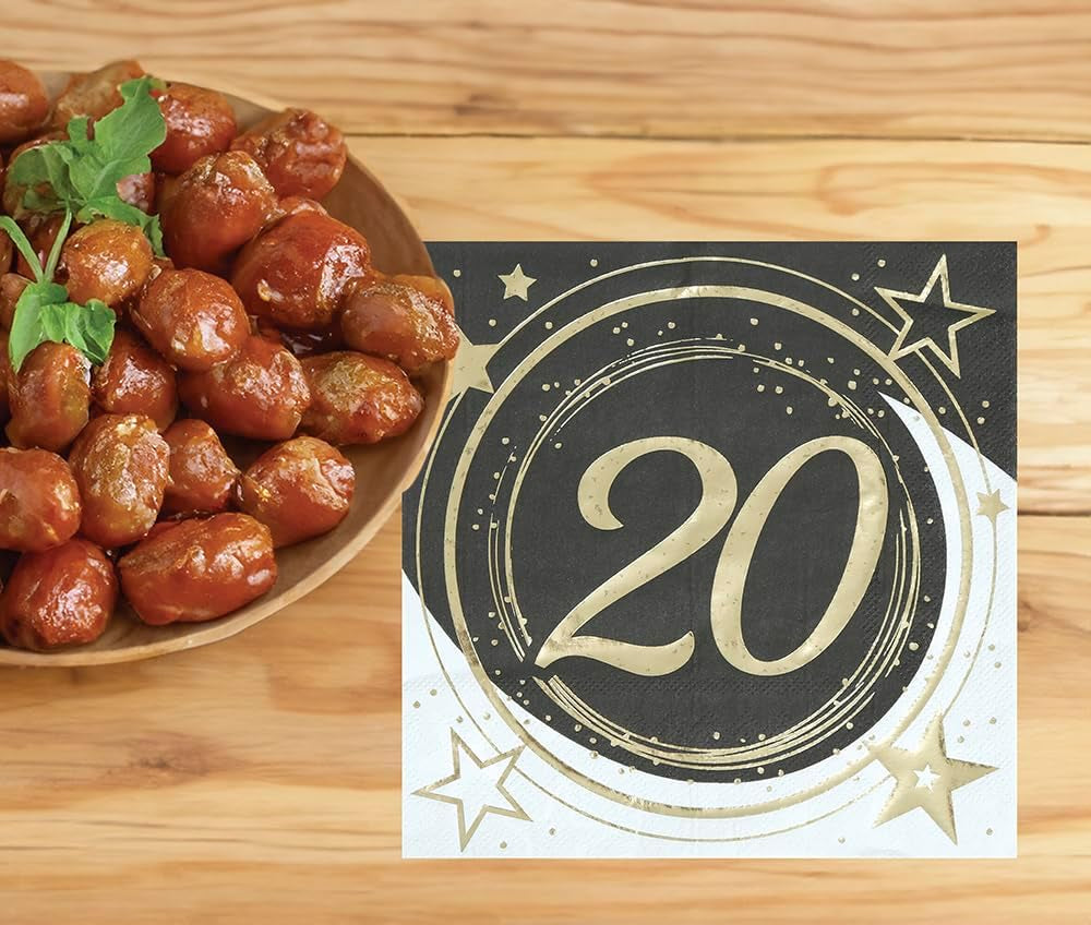 | 20 Șervețele Happy New Year (16X16 Cm) - Decorațiuni de masă pentru petreceri de Revelion - Ideal pentru evenimente și sărbători - Negru și auriu