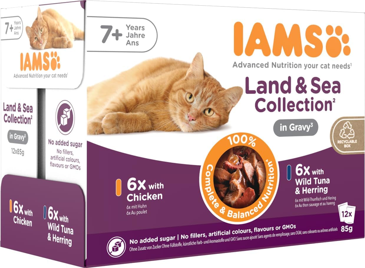 IAMS Delights Senior Cat Food Wet - Multipack cu pui și pește în sos, hrană umedă de înaltă calitate pentru pisici bătrâne de la 7 ani, 12 X 85 G