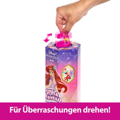 Mattel Disney Prinzessin Arielle Modepuppen-Set, Spin & Reveal mit 11 Überraschungen, darunter 5 Accessoires, 5 Sticker und eine Szene zum Spielen, vom Film inspiriert, HTV88