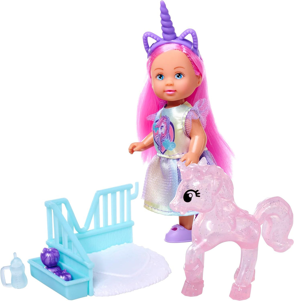 Simba Evi Love Unicorn, o păpușă de joacă care poartă o rochie drăguță de unicorn cu o bentiță asortată, inclusiv un unicorn cu grajd, mere și o sticlă de băut, 12 cm, vârste 3+