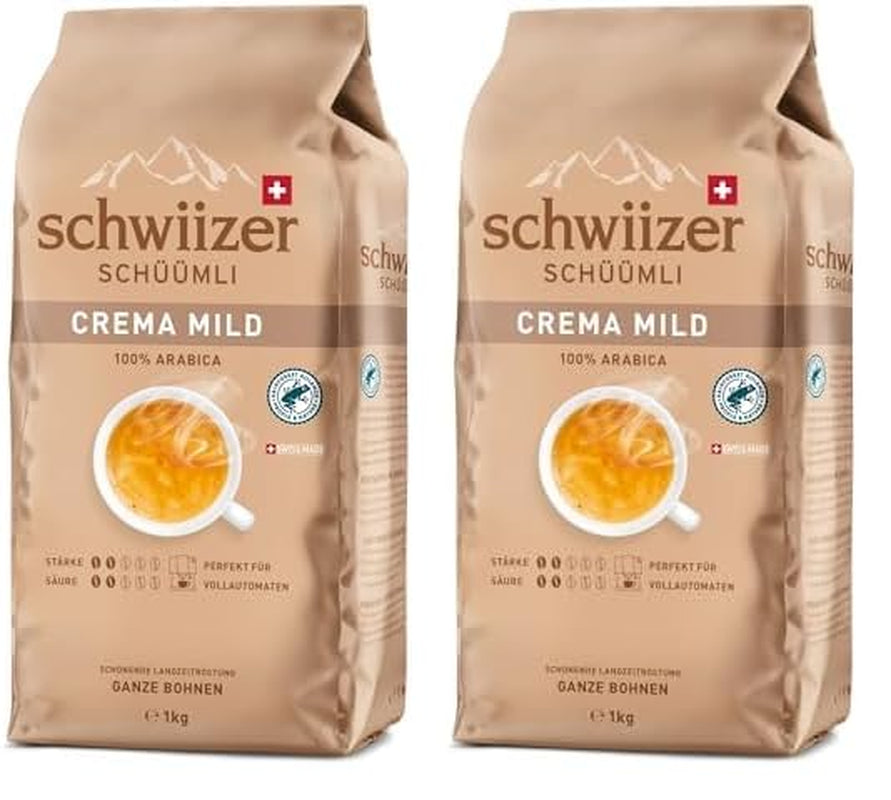 Schwiizer Schüümli Crema Mild, boabe de cafea Arabica 100% premium, fructate și cu aromă de nucă, pentru aparate de cafea complet automate, tărie 2/5, prăjire ușoară, certificat Rainforest Alliance, 1kg (pachet de 2)