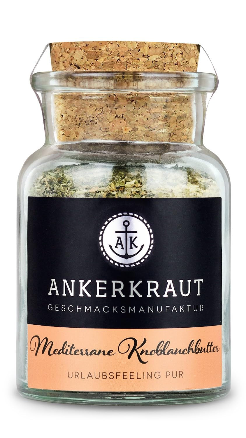 Ankerkraut Mediterranean Knoblauchbutter Gewürz, 85g in cork glass, Zuckerfrei, Würzige Ingredient für Butter, Gift Idea, Grill-Abend with Friends & Family, Premium Qualität Ohne Gesmackverstärker