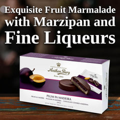 Plum in Madeira – 220g – Marzipan specialty with fruit and alcohol – 8 dark chocolate coins with plum jelly and Madeira wine – Gift idea
