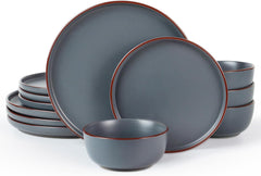 Set de veselă Mercury, set de farfurii cu 12 piese, set de veselă din gresie pentru 4 persoane cu farfurii de cină, farfurii de desert, boluri pentru cereale, potrivit pentru cuptorul cu microunde și mașina de spălat vase, gri cărbune