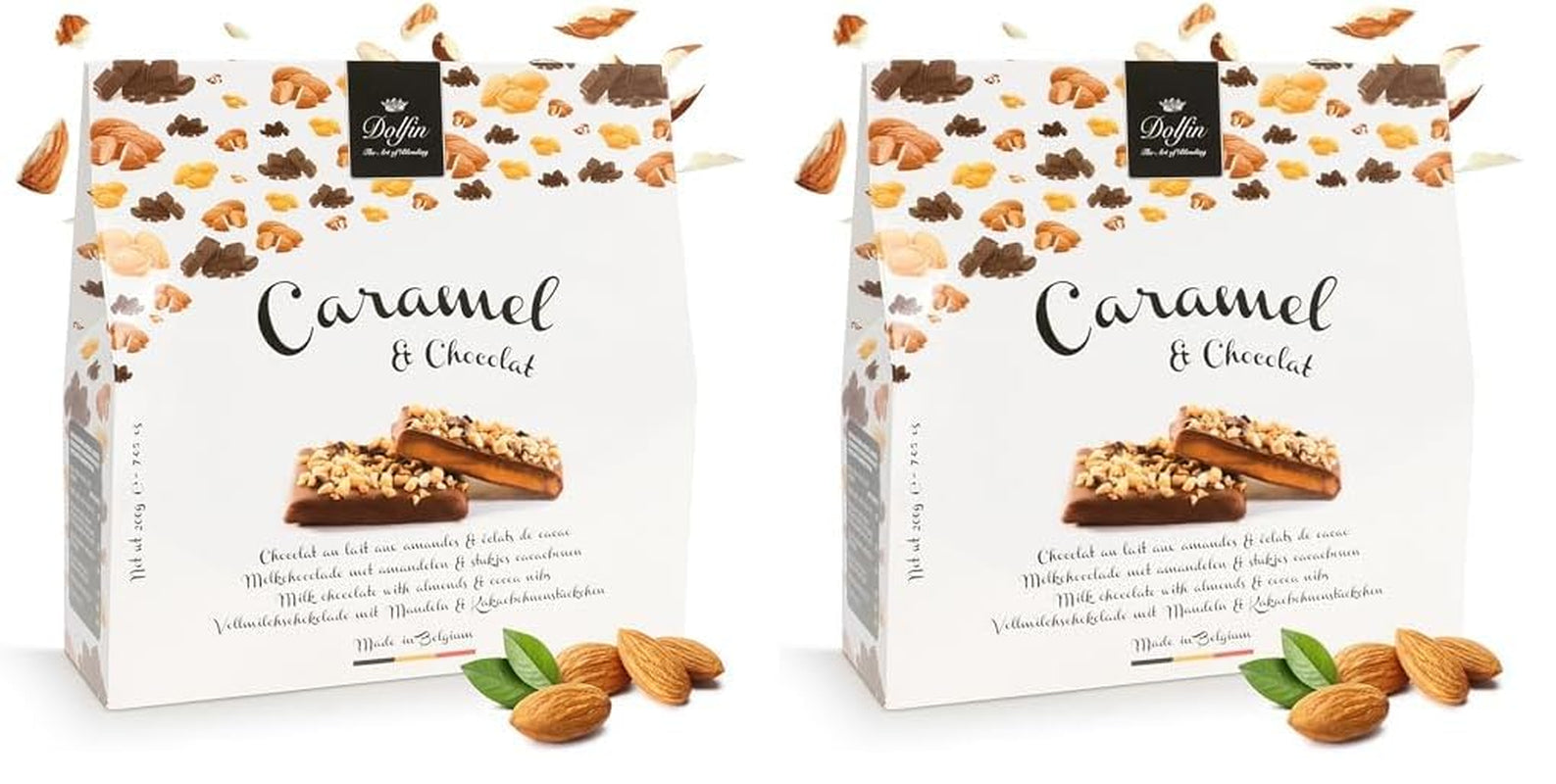 Dolfin Caramel & Ciocolată, fabricat în Belgia, 200 grame Bomboane de Ciocolata Naty Shop 2 x 200 grame Ciocolata cu Migdale si Nibs de cacao