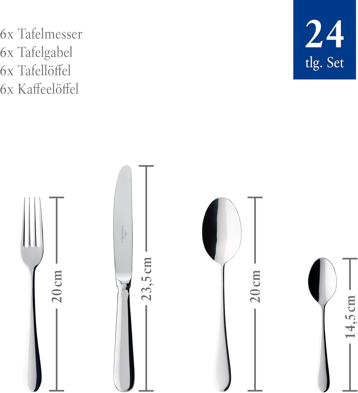 Villeroy & Boch – Oscar Tafelbesteck 24 Teilig 6 Personen, Spülmaschinenfest, Rostfrei, Besteck Set, Essbesteck, Messer Gabel Löffel Set, Cutlery Set, Besteckset Edelstahl, Edelstahl Bucatarie Naty Shop