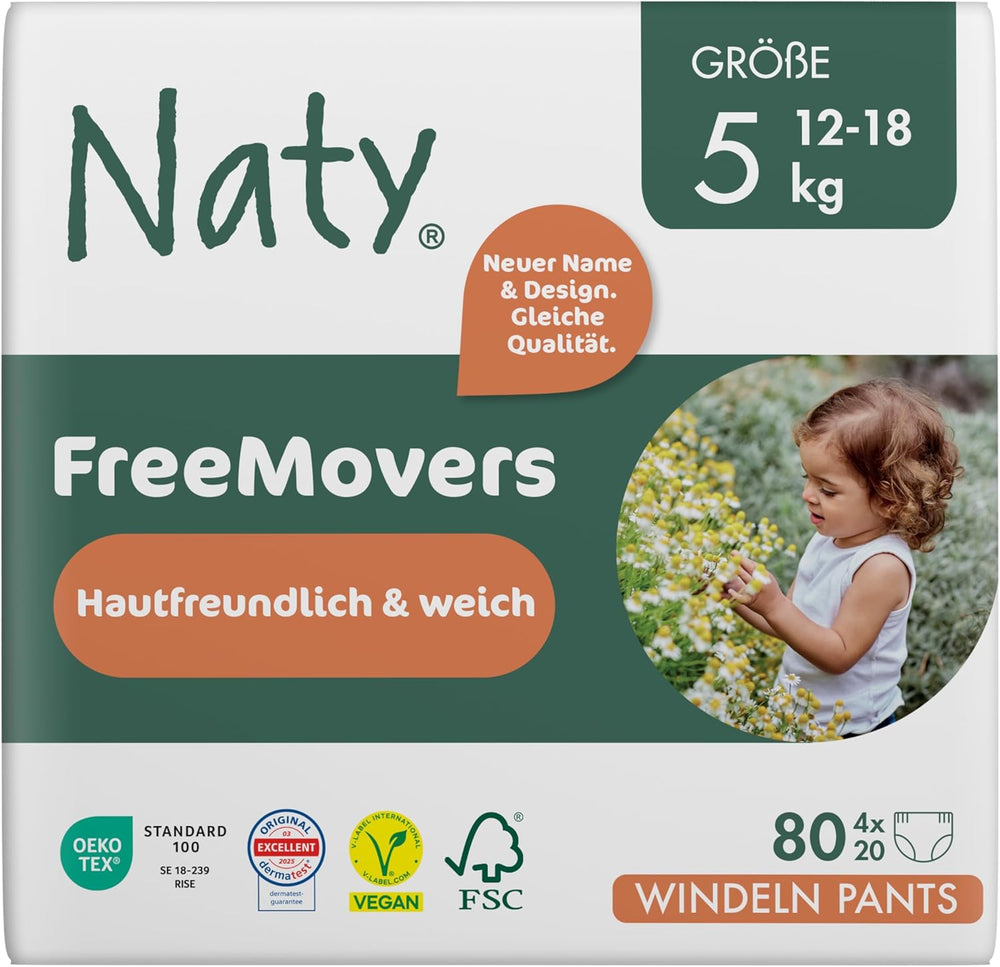 Naty FreeMovers Baby Diapers | Certified Skin Friendly Diaper Covers | Soft and fragrance free | Absorbent and leak-proof | Dermatologically tested Size 5 (12–18 kg) | 80 pieces