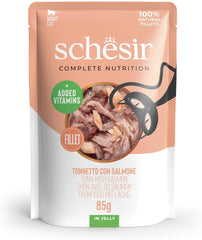 , Thunfisch mit Lachs in Gelee, komplettes Nassfutter für Katzen, im Beutel, 100% natürliche Inhaltsstoffe, tierversuchsfrei, 12 x 85 g