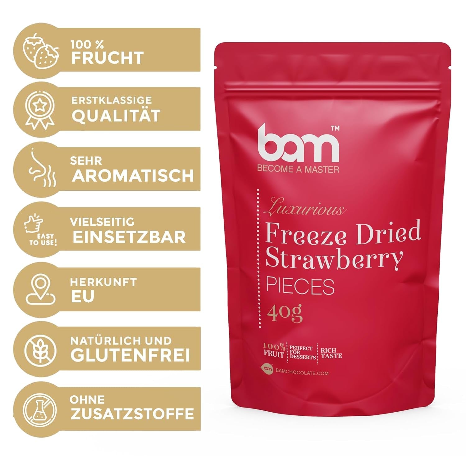 Fructe liofilizate BAM, 40 grame, fructe naturale, deserturi perfecte, aromă bogată (căpșuni) Produse deshidratate Naty Shop