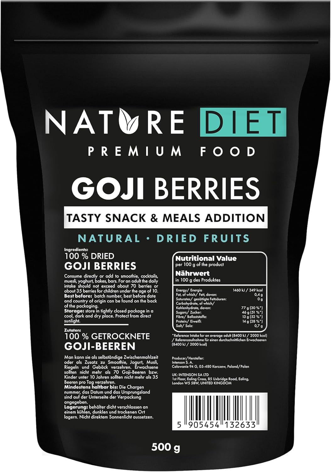 Nature Diet - Goji berries 1000 g | Fructe de pădure uscate | Gustare sănătoasă Produse deshidratate Naty Shop 500G