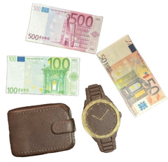 Set 5 decoratiuni comestibile din zahar, Ceas, portofel si bani Decoratiuni din Pasta de Zahar Nati Shop