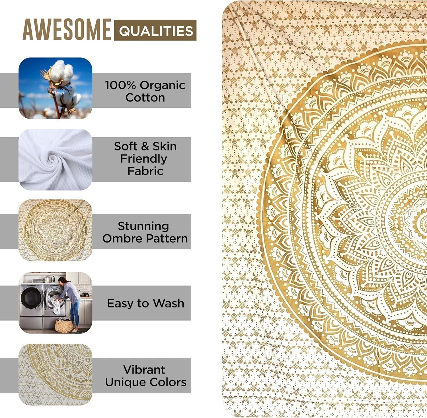 Tapiserie mandala decorare camera estetica aur alb panza Casa - Accesorii si Decoratiuni Naty Shop