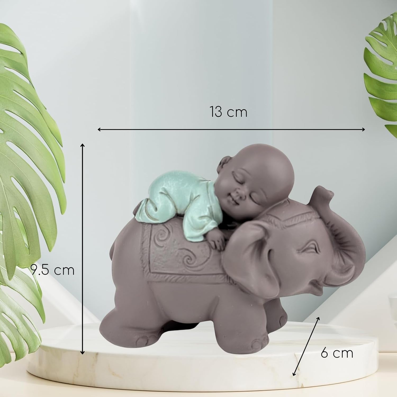 Zen'Light Statue Buddha Bonze Sleeping on Elephant - Atmosferă Zen în spațiul tău sacru - frumoasă figură de bun augur -H 9.5 cm, Brown & Green Statuete si sculpturi Naty Shop