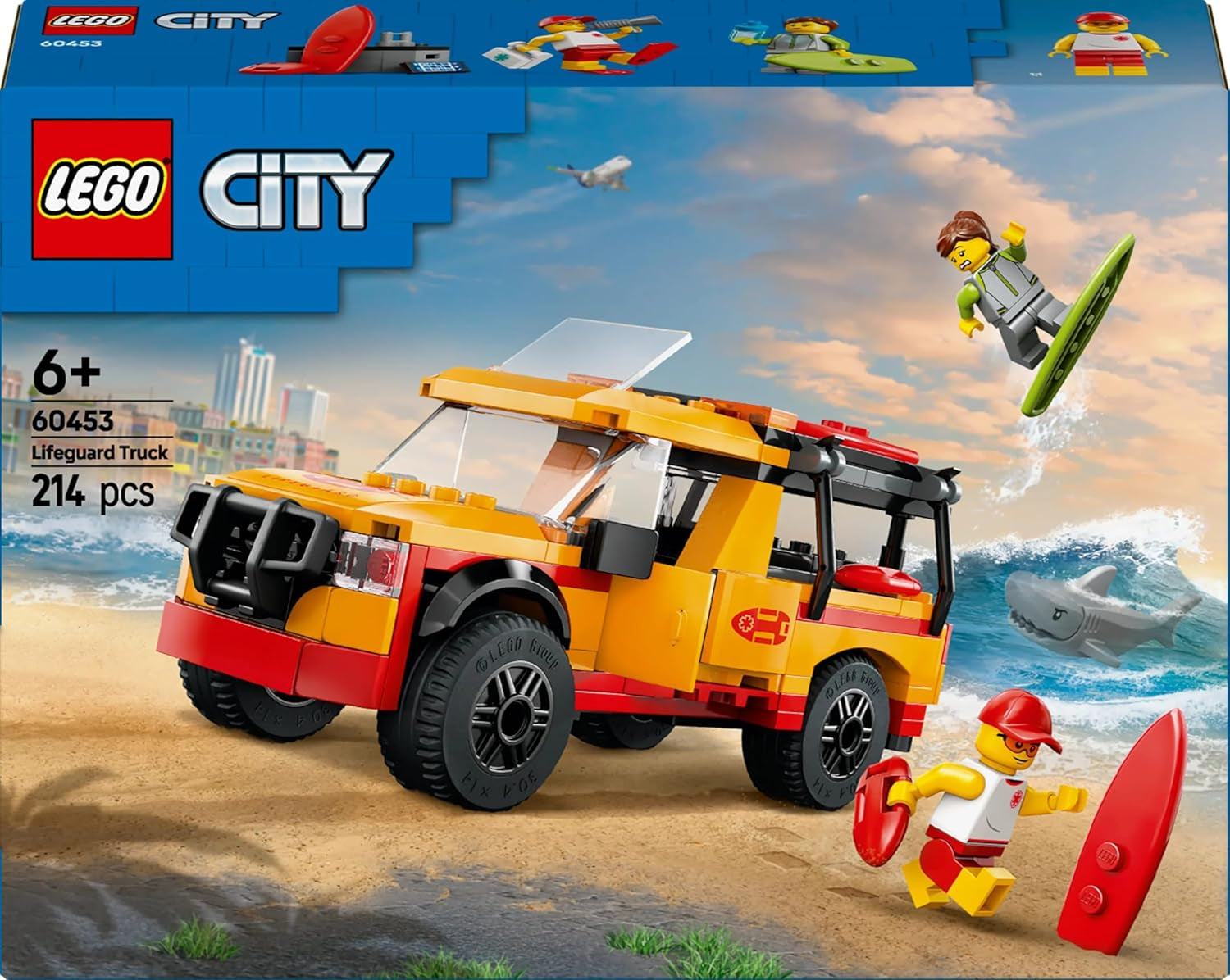 LEGO City Lifeguard Emergency Vehicle - Vehicul de teren cu 2 minifigurine și rechin - Set de construcție pentru fete și băieți cu vârsta peste 6 ani - Idee de cadou pentru surferi și fani ai sporturilor nautice 60453 Seturi de constructie Besuche den LEGO-Store