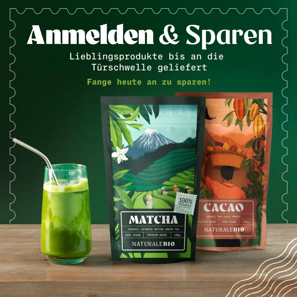 Naturalebio Matcha Ceai pudră bio - Calitate premium - 100G. Ceai verde original din Japonia. Ideal pentru băut. Ceai verde pentru latte, smoothie-uri. Produs în Uji, Kyoto.