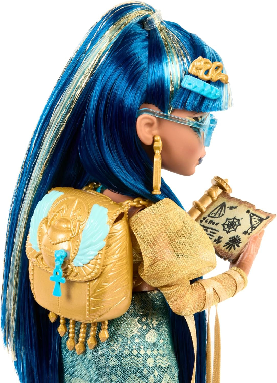 Păpușă Monster High Cleo De Nile în bluză aurie și fustă stratificată, include animal de companie Cobra Hissette și accesorii precum rucsac, gustare și rolă de hârtie, HXH74 Papusi Naty Shop