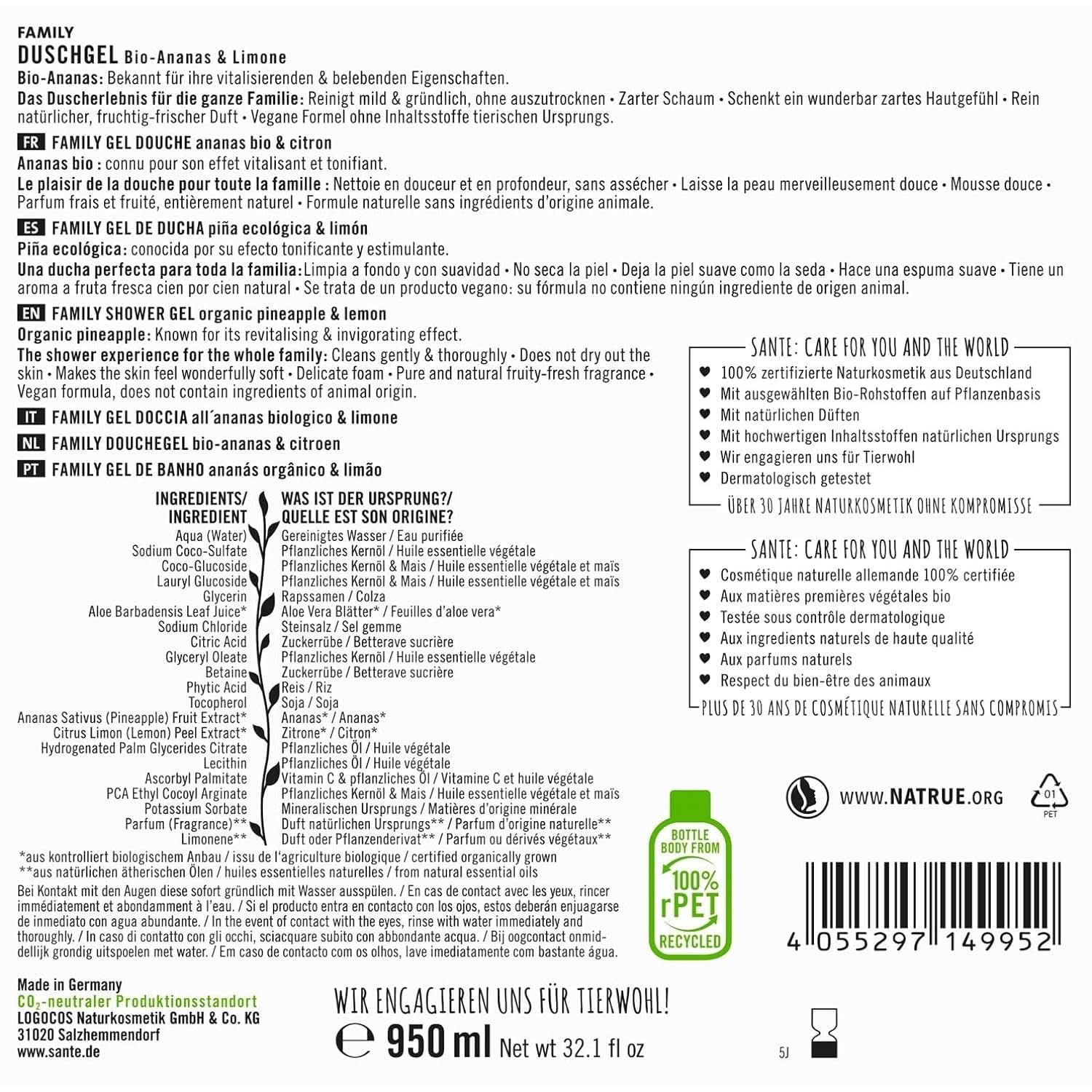 SANTE Natural Cosmetics Refreshing shower gel with citrus fragrance, 950 ml Shower and bath Naty Shop