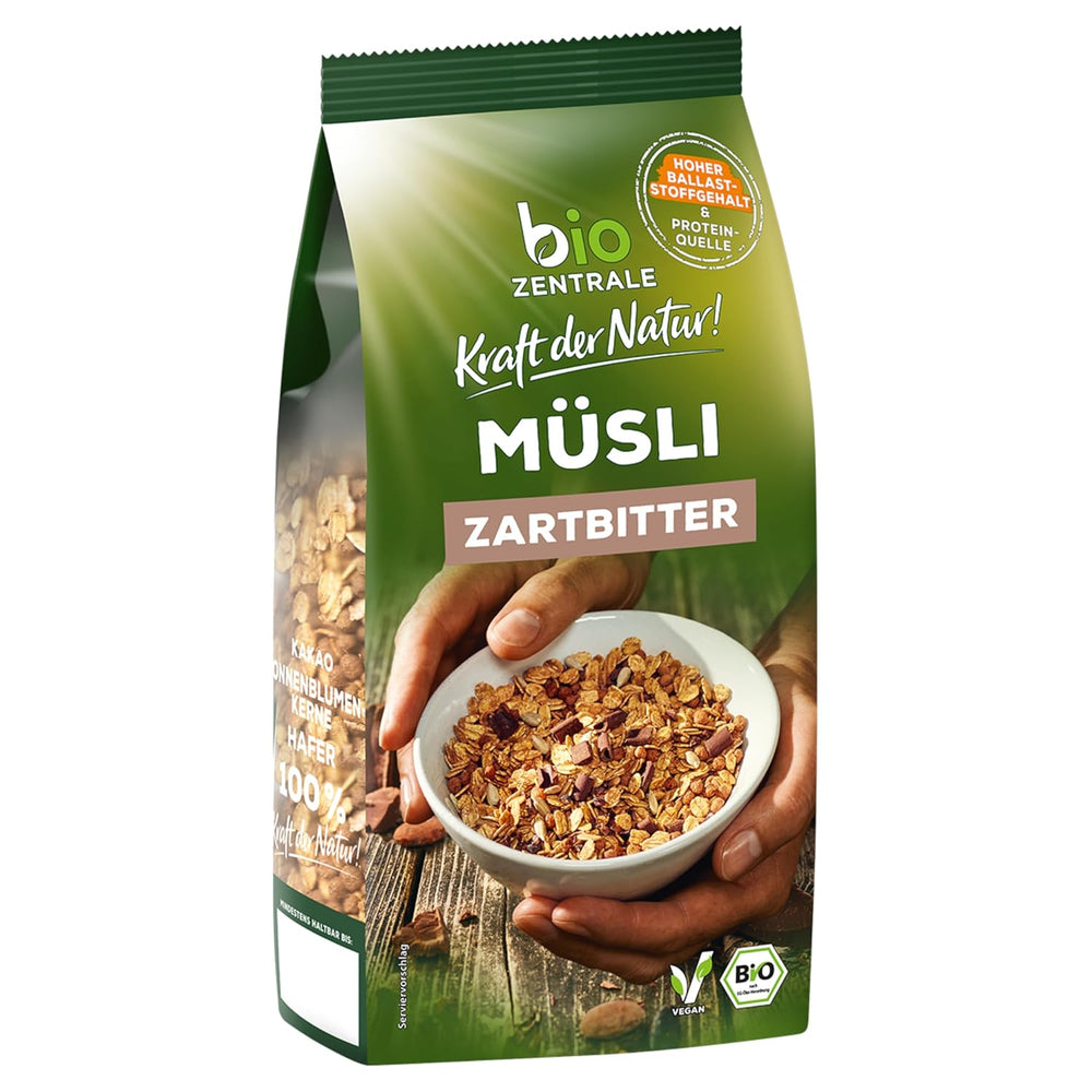 Biocentral Muesli with dark chocolate | 500g Organic Vegan | Ideal for breakfast and your cup of takeaway muesli | Alternative to muesli bars