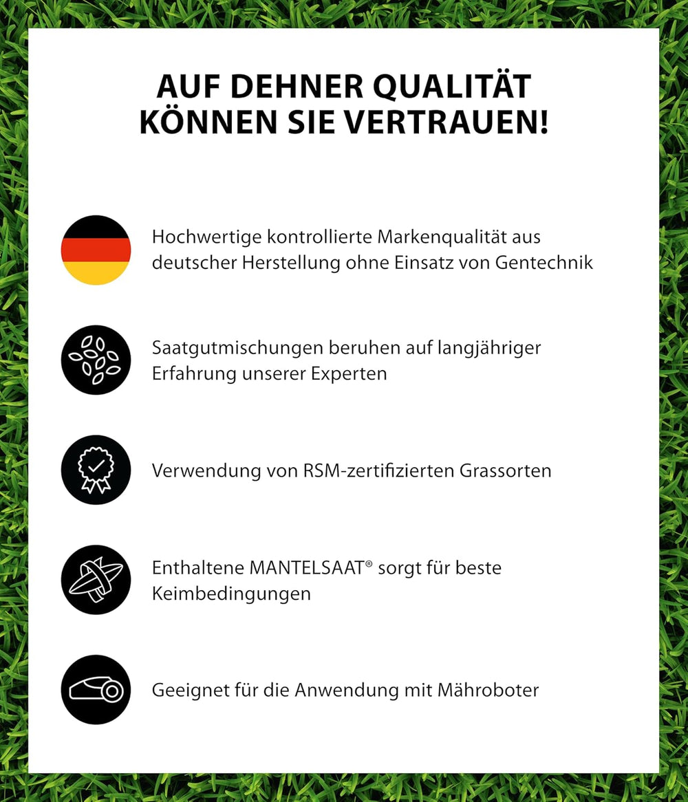 Dehner Saatgut Rasen-Nachsaat, Hochwertige Rasensamen Zur Regeneration Geschädigter Rasenflächen, Schnell Keimend/Pflegeleicht, Mit Mantelsaat Für Optimalen Bodenkontakt, 1 Kg Für Ca. 50 M²
