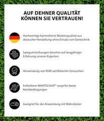 Dehner Saatgut Rasen-Nachsaat, Hochwertige Rasensamen Zur Regeneration Geschädigter Rasenflächen, Schnell Keimend/Pflegeleicht, Mit Mantelsaat Für Optimalen Bodenkontakt, 1 Kg Für Ca. 50 M²