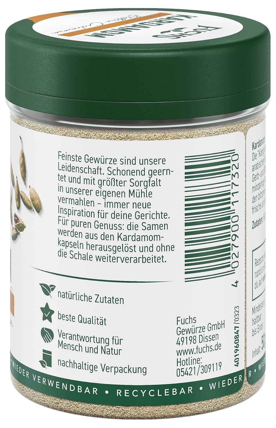 Fuchs Gewürze - Kardamom gemahlen - Gewürz für Glühwein oder Fleischgerichte wie Roastbeef oder Schweinebraten - natural ingredients - 50 g in wiederverwendbarer, recyclebarer Dose