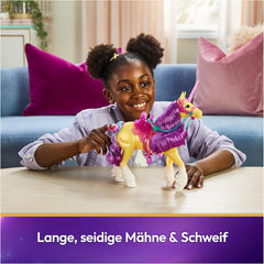 Frunză de Unicorn Unicorn Academy - 28 cm înălțime, unicorn original de Ava din serialul Netflix, cu coamă și coadă reale, frâu și șa detașabile și perie, pentru copii cu vârsta de 4 ani și peste