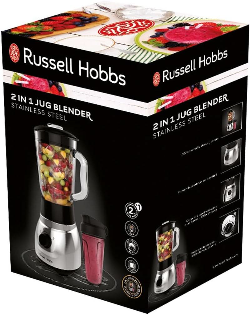 Russell Hobbs Standmixer 2-In-1 [1,5L Glasbehälter Mixer & 0,6L Mini Smoothie Maker -To-Go-Trinkflasche Inkl. Deckel] Spülmaschinenfest, Impuls-/Ice-Crush Funktion, Becher BPA Frei, Edelstahl 23821-56 Bucatarie Naty Shop