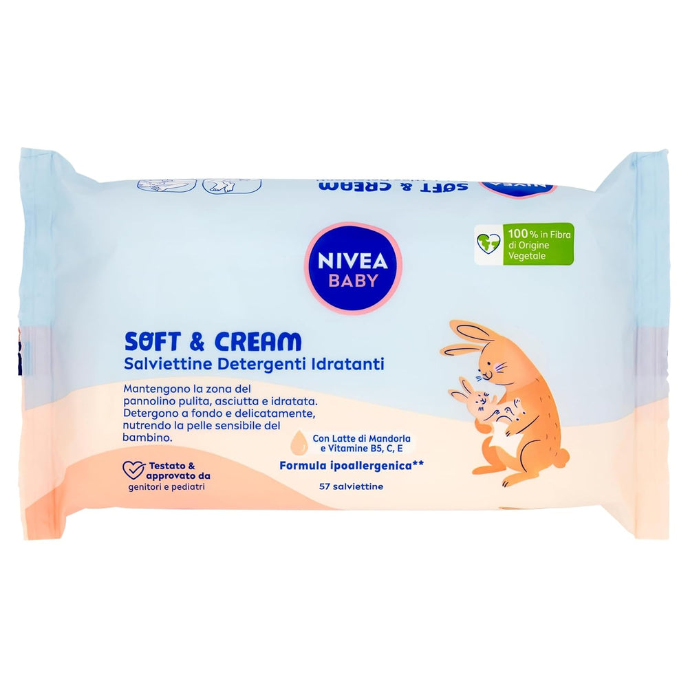 NIVEA Baby Moisturizing Cleansing Wipes Soft & Cream, 57 pieces, for clean, dry and hydrated skin, baby wipes with almond milk and vitamins B5, C and E